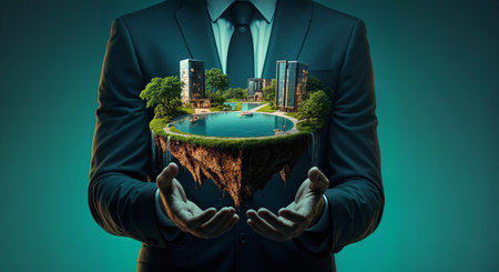 A man in a dark business suit holds his hands out under a miniature floating island with modern buildings a lake and lush green trees representing eco developmentの素材