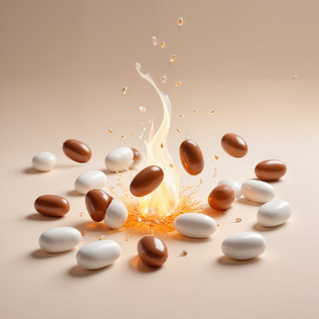 Chocolate candies falling into a fire on a beige backgroundの素材