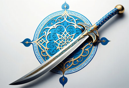 3d illustration of a sword with a pattern on a blue backgroundの素材