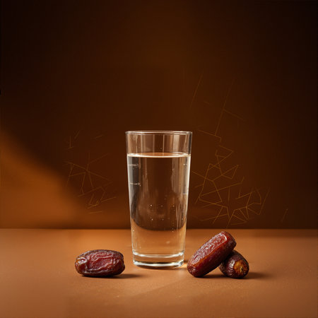 A glass of water and dates on a brown background. Space for text.の素材