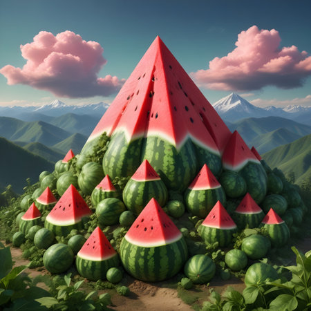 Watermelon pyramid on the background of mountains and clouds. 3d illustrationの素材