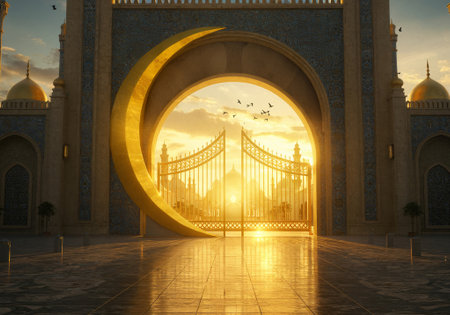 Gate to the mosque at sunset. 3D illustration. Vintage style.の素材