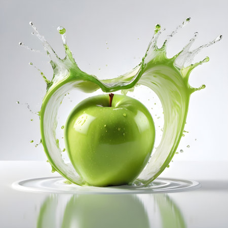 A shiny and crisp green apple at the center of a dynamic and refreshing green liquid splash that forms a beautiful heart shape isolated on a clean white backgroundの素材