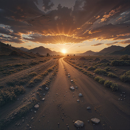 Road in the desert at sunset, 3d rendering. Computer digital drawing.の素材
