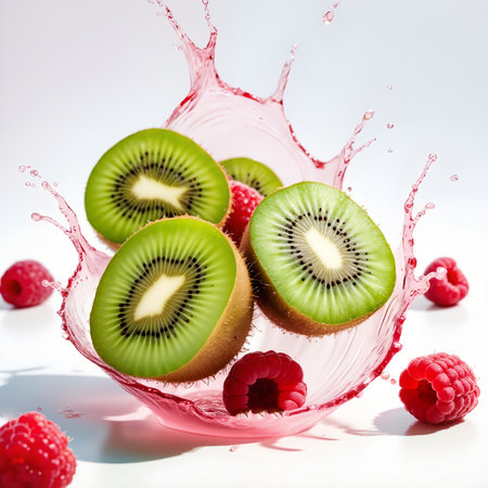 Kiwi and raspberries splashing in water on white backgroundの素材