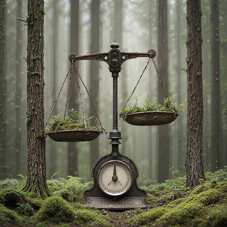 Old balance scale in the forest with moss and tree in the backgroundの素材