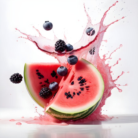 A refreshing image of juicy red watermelon slices with blackberries and blueberries caught in an energetic pink liquid splash isolated on a clean white backgroundの素材