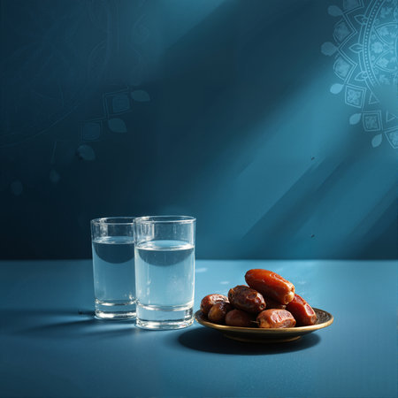 Two glasses of water and dates on a blue background with copy spaceの素材