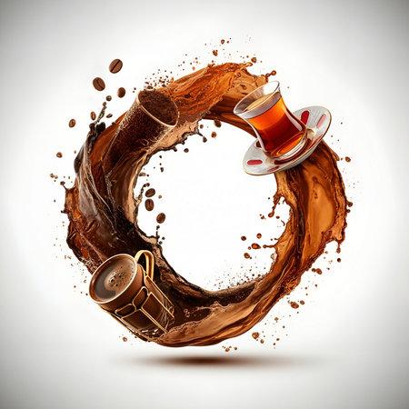A creative concept of a swirling circular splash of dark coffee and golden tea with a traditional Turkish coffee pot and tea glass caught in the motion on a white backgroundの素材