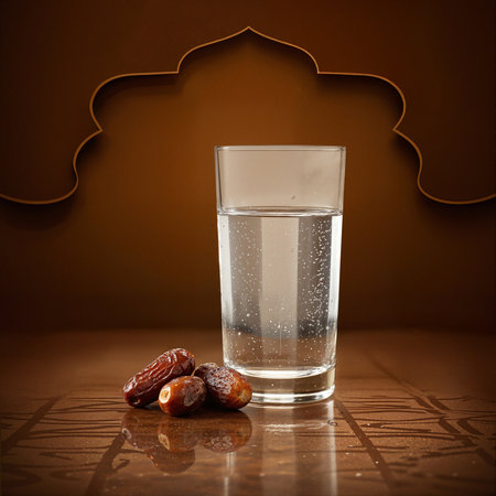 Glass of water with dates on the table. Ramadan Kareem backgroundの素材