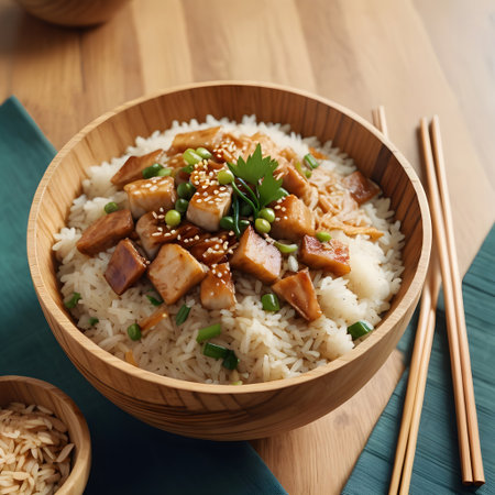 Rice with teriyaki chicken and vegetables in a wooden bowlの素材