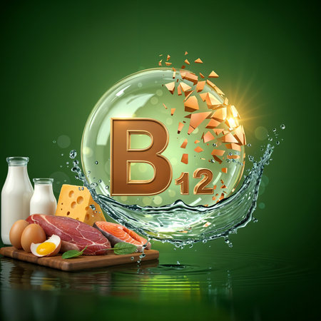 Natural sources of vitamin B12 including meat salmon cheese eggs and milk presented on a cutting board with a large water splash and a glowing B12 symbolの素材