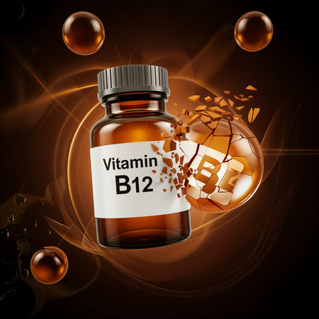 A glass bottle of vitamin B12 supplement next to an exploding golden sphere with abstract light trails and orbs on a dark brown elegant backgroundの素材