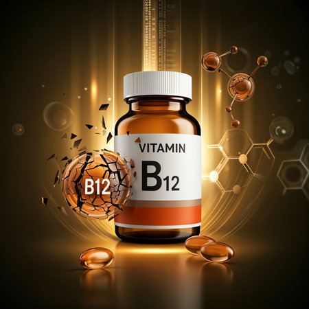 A futuristic depiction of a vitamin B12 bottle with capsules a shattering sphere and molecular structures against a high tech digital golden backgroundの素材