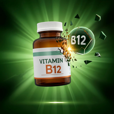 An amber glass bottle of vitamin B12 supplement with a cracking green sphere exploding with a bright flash of light on an abstract radiant green backdrop conceptの素材