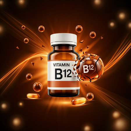 An energetic presentation of a vitamin B12 bottle with softgel capsules and a shattering golden orb amid powerful bursts of light and flowing energy wavesの素材