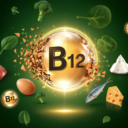 A vibrant composition of fresh foods containing vitamin B12 such as fish meat eggs broccoli and cheese levitating around a shattering golden B12 sphereの素材