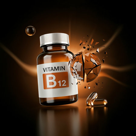 A realistic 3D illustration of a vitamin B12 bottle and softgel capsules with a shattering sphere reflecting on a surface against a dark flowing backgroundの素材