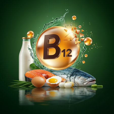 A composition of foods high in vitamin B12 like fresh fish salmon and eggs with a dynamic water splash and reflection against a dark green backgroundの素材