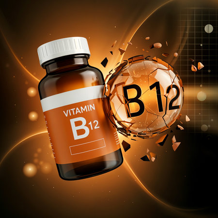 A modern concept of a vitamin B12 supplement bottle with an exploding sphere showing a grid pattern against an abstract background with flowing energyの素材