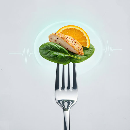 Fork with a healthy bite of chicken spinach and orangeの素材