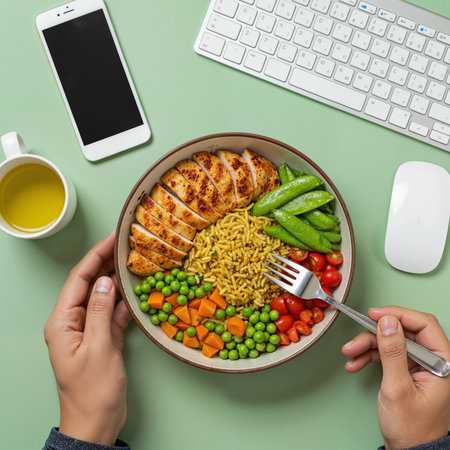 Top view of a person eating a healthy office lunch bowlの素材
