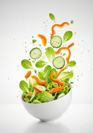 Fresh vegetable salad in bowl with flying ingredients, isolated on white backgroundの素材
