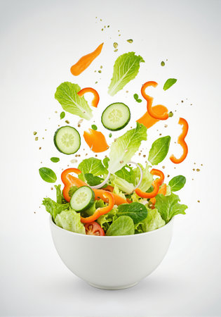 Fresh vegetable salad in bowl with flying ingredients isolated on white background.の素材
