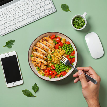 Top view of a healthy office lunch bowl on a green deskの素材