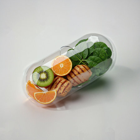 Healthy food like chicken and fruit inside a vitamin capsuleの素材