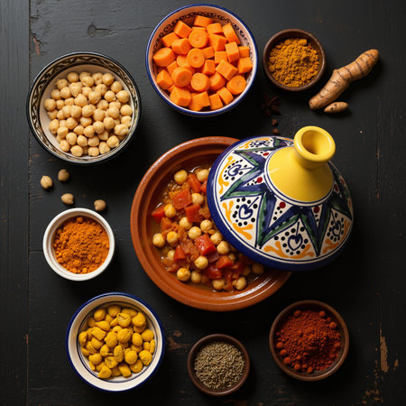 Ingredients for a vegetarian Moroccan tagine on a dark backgroundの素材
