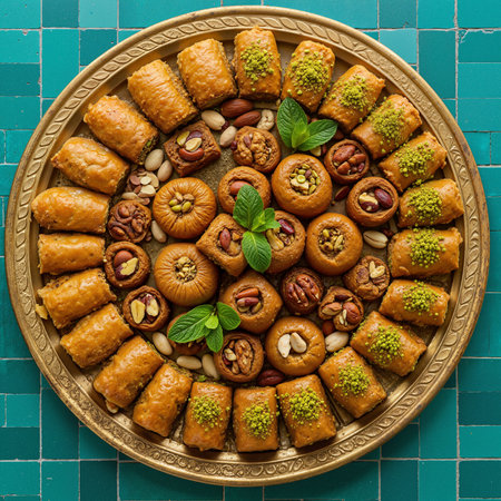 Assortment of Arabic sweets with nuts on a golden tray top down viewの素材