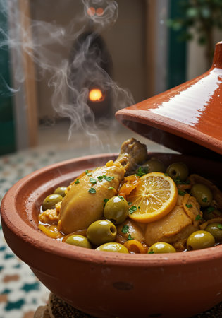 Hot steaming Moroccan chicken tagine with olives in a clay cooking potの素材