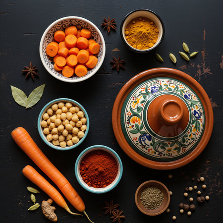 Traditional Moroccan tagine with fresh ingredients and aromatic spices flat layの素材