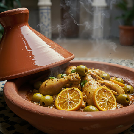 Authentic Moroccan chicken tagine with preserved lemons and green olivesの素材