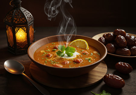 Bowl of traditional Moroccan Harira soup with dates for Ramadan Iftarの素材