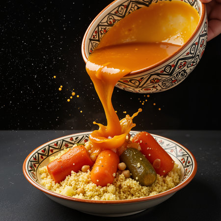 Pouring rich sauce over a traditional couscous and vegetable dishの素材