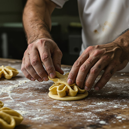 Baker skillfully shaping fresh dough into a flower for a traditional pastryの素材