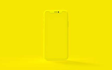 Smart phone on yellow minimalist background.3d renderの写真素材