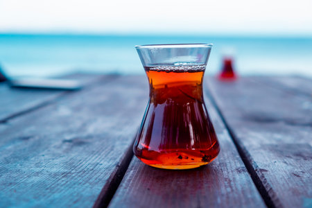 Cup of Turkish tea sea viewの写真素材