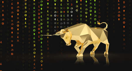 Bitcoin coin with bull and stock chart, and bullish market of token BTC. 3d renderの写真素材