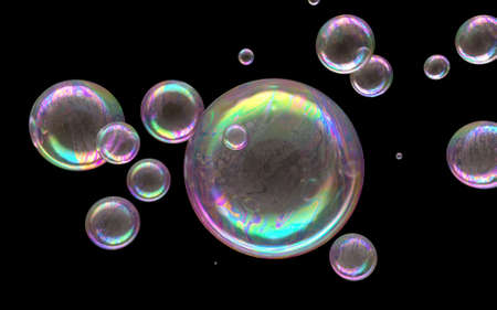Soap bubbles isolated on black background. 3d rendering, 3d illustration.の写真素材