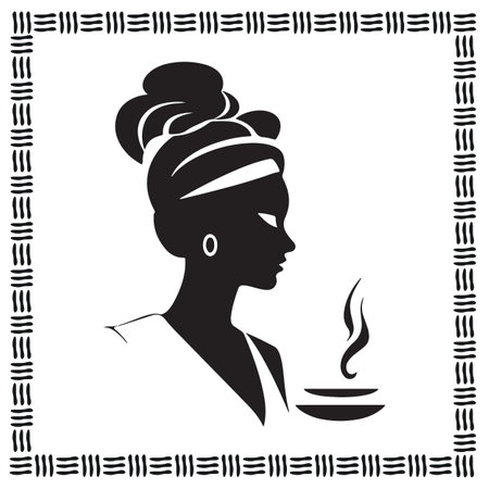 Silhouette of a beautiful african woman with a cup of coffee.のイラスト素材