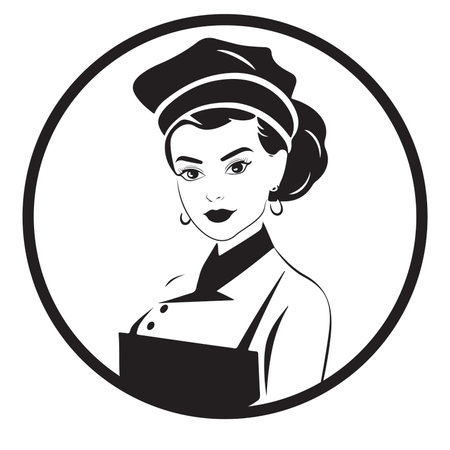 Retro style black and white illustration of a female cook or baker holding a book.のイラスト素材