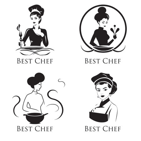 Vector set of black and white illustrations of a women chef with a ladle.のイラスト素材