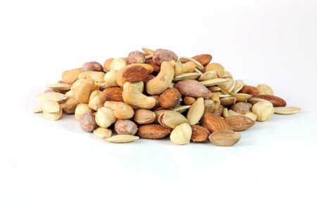 mixed nuts on a white background. nuts on a white backgroundの写真素材