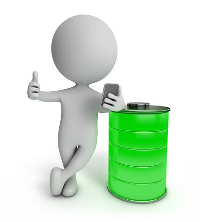 3d cute people - holding smartphone with full green battery isolated white backgorundの写真素材