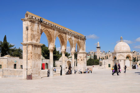 Mosque of Al-aqsa (Dome of the Rock) in Old Town. There are many historical buildings in the courtyard of Masjid Aksa Mosque. Jerusalem, Israel.のeditorial素材