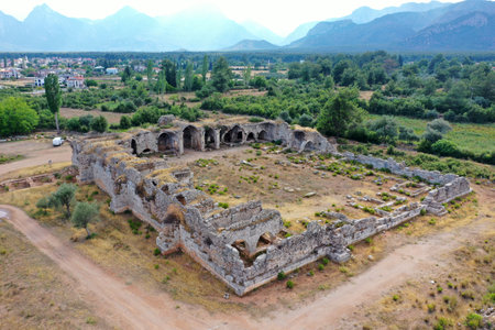 Evdir Han Caravanserai was built in 1210-1219 during the Anatolian Seljuk period. The caravanserai is currently in ruins. Antalya, Turkey.のeditorial素材