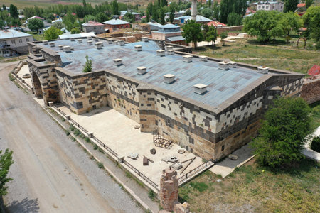 Alacahan Caravanserai was built in the 12th century during the Anatolian Seljuk period. A view from the front of the caravanserai. Sivas, Turkey.のeditorial素材